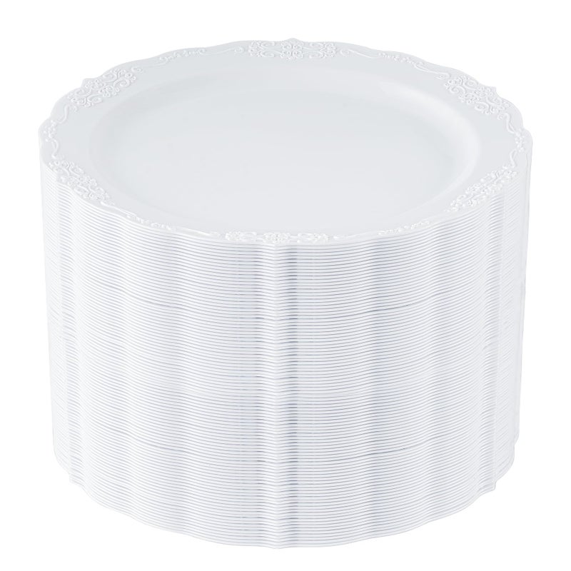 Upassion 100 Pieces White Plastic Plates 1025 inch White Dinner Disposable Plates Premium Hard Disposable Dinner Plates Party Supplies for Birthdays Celebrations Wedding and Events